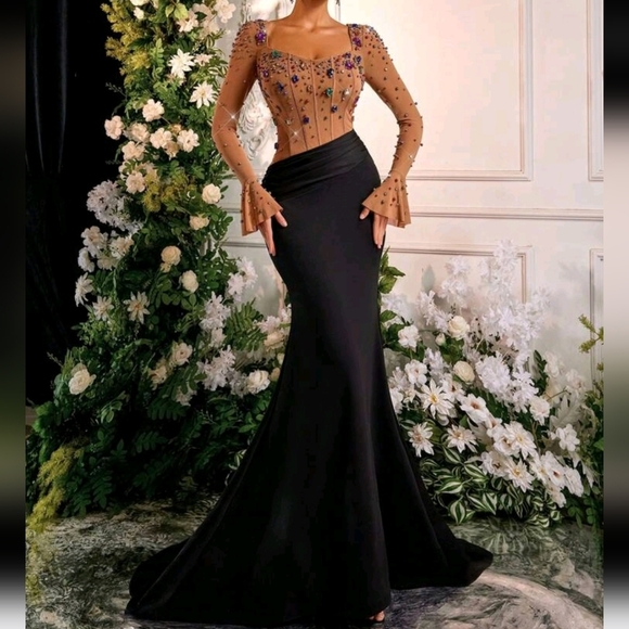 Elegant Black & Khaki Mesh See-Through Long Sleeve Flared Cuff Luxury Dress